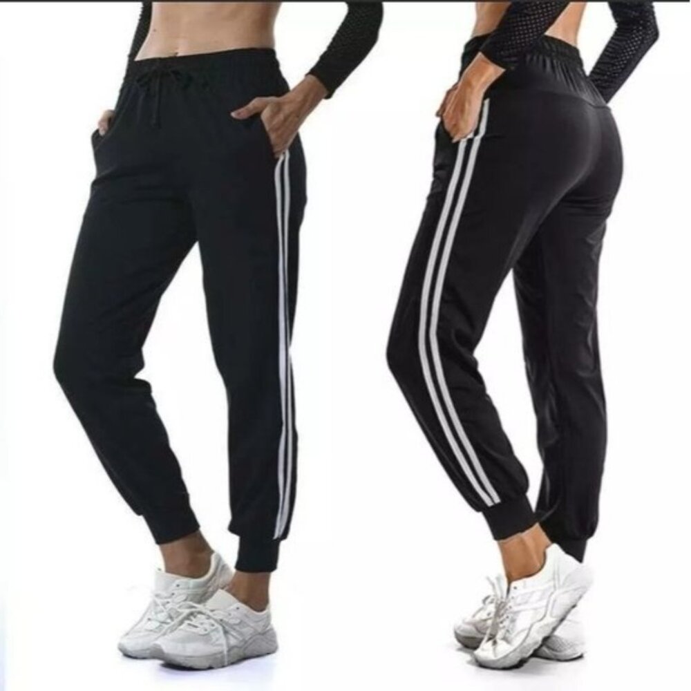 Womens Casual pants Joggers size medium black color striped Yoga Harem pockets